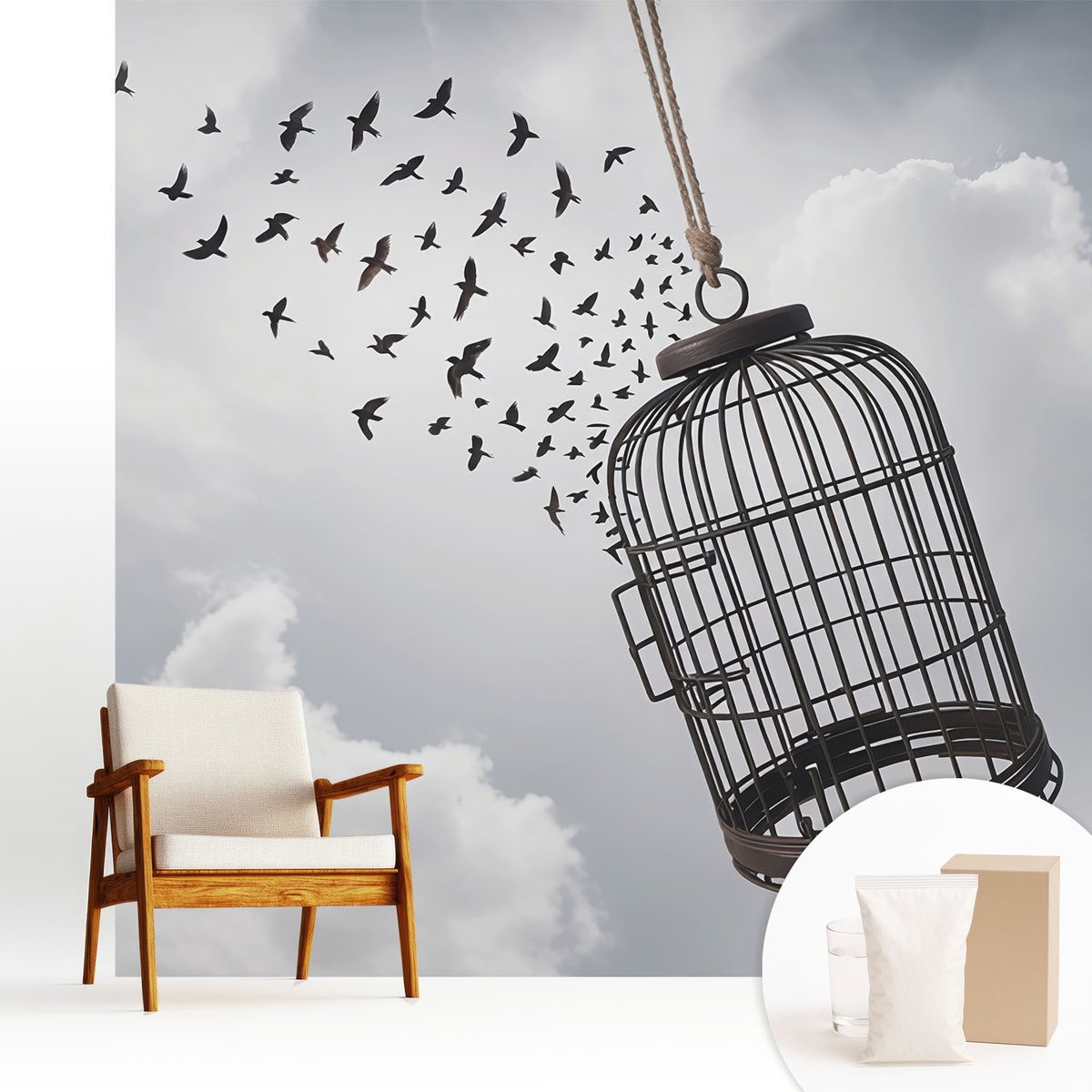 Wallfluent Fotobehang - Wit Vliesbehang - 250x250 cm - Vliegende Vogels Muurschildering - Gang behang Dieren - Fotobehang Vlies - Slaapkamer behang