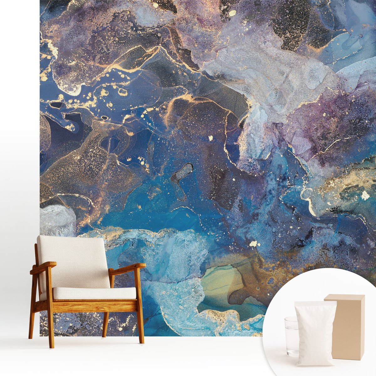 Wallfluent Fotobehang - Blauw Vliesbehang - 250x250 cm - Kosmisch Mozaïek Muurschildering - Slaapkamer behang Abstractie - Fotobehang Vlies - Slaapkamer behang