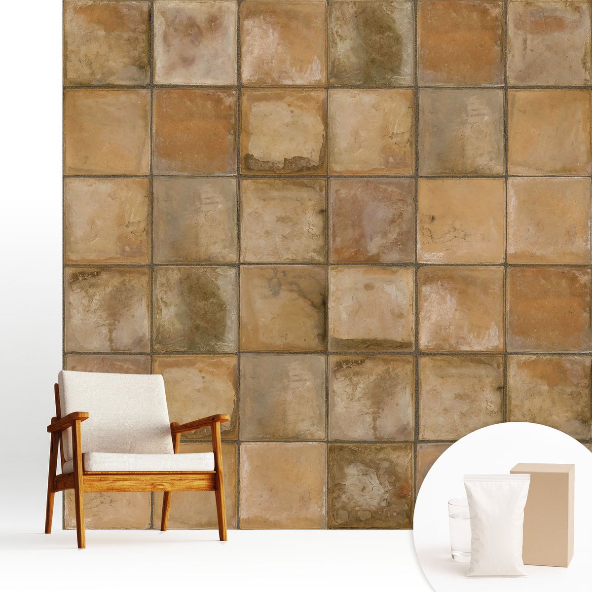Wallfluent Fotobehang - Bruin Vliesbehang - 250x250 cm - Rustiek Mozaïek Fotobehang Vlies - Hal behang Achtergronden En Patronen - Muurschildering - Woonkamer behang