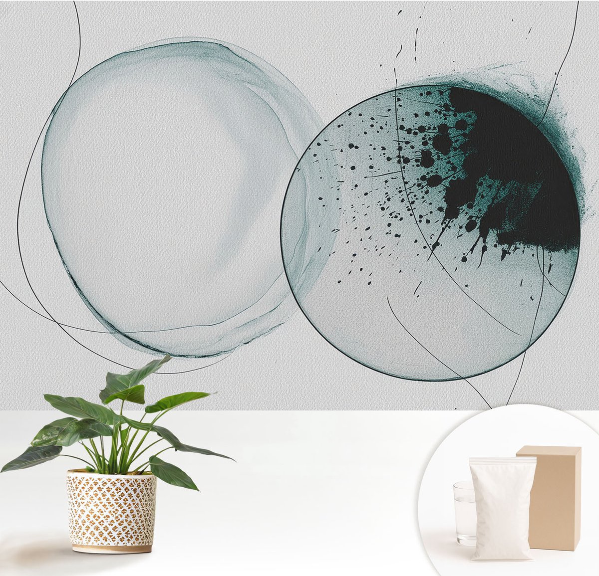Wallfluent Fotobehang - Wit Vliesbehang - 152x104 cm - Groene Cirkels Muurschildering - Gang behang Abstractie - Fotobehang Vlies - Gang behang