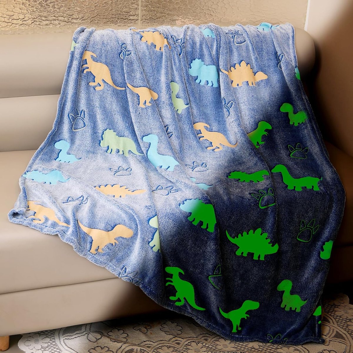 SnelShoppen - Glow in the Dark Dinosaur Dekentje - Flanel Fleece - 130x150cm - Kinderen - Schattige Dinosaurusprint - Groene Glim Effect - Comfortabel
