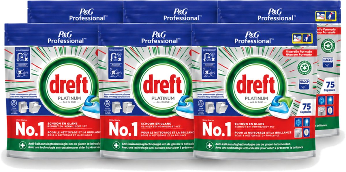 6 x Dreft Professional - Platinum - All In One - Vaatwascapsules - 75 Afwasbeurten - Voordeelverpakking - 6 stuks