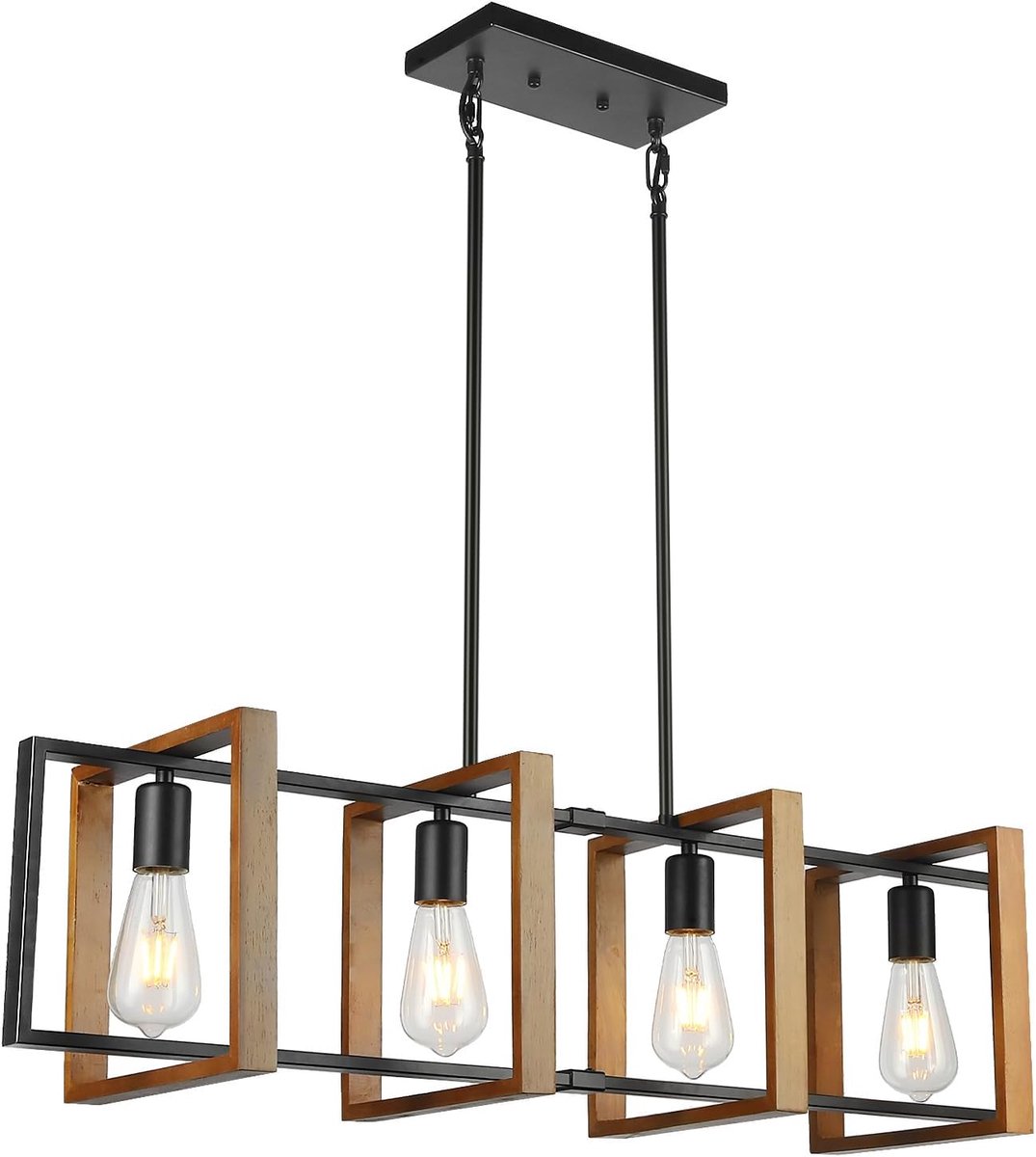 SnelShoppen - 4 Lampen Zwart Licht Keuken Eiland Verlichting Houten Metaal Pooltafel Lamp Plafondlamp, Hoogte Verstelbare Slaapkamer Lamp, Chandelier