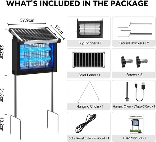 Anti-muggenlamp op zonne-energie voor buiten, elektrische insectenvernietiger, 4500 V, IPX5, waterdicht, oplaadbaar, USB, 4000 mAh, draadloze vliegendoder met grondpen voor tuin, gazon — afbeelding 2