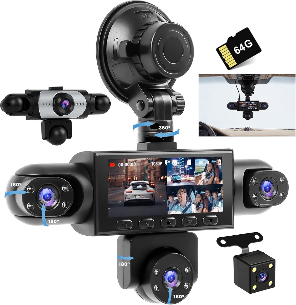 5-kanaals dashcam auto voor achter 1080P, dashcam auto met 64 GB SD-kaart, 3,2 inch IPS-scherm, groothoek, nachtzicht IR, G-sensor, dashcam autocamera met lusopname