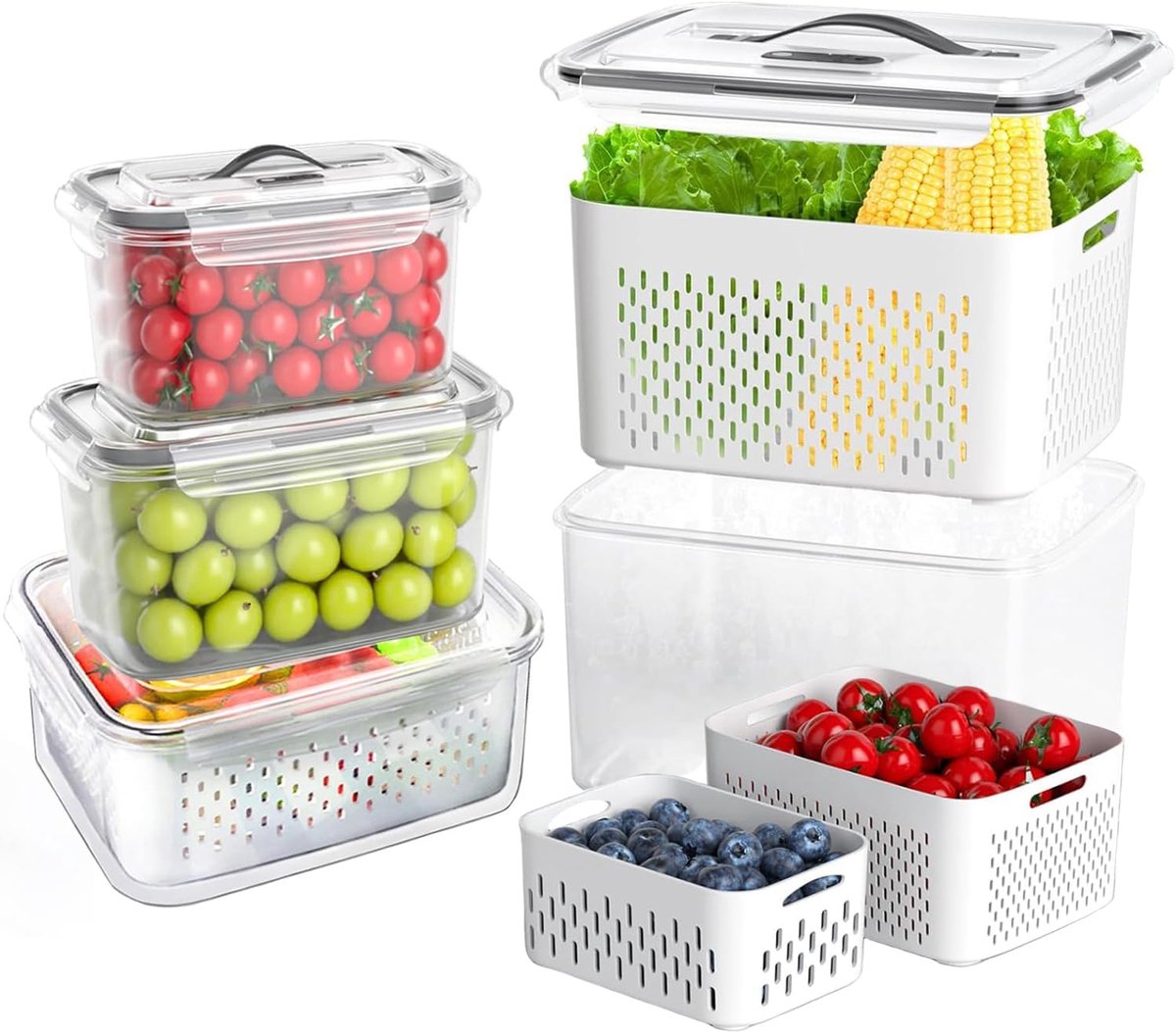 3-pack koelkast opslagcontainer 3,15 l + 1,7 l +0,8 l houd verse producten spaarder BPA-vrij met ventilatieopeningen, stapelbare groentecontainers voor fruitsalade