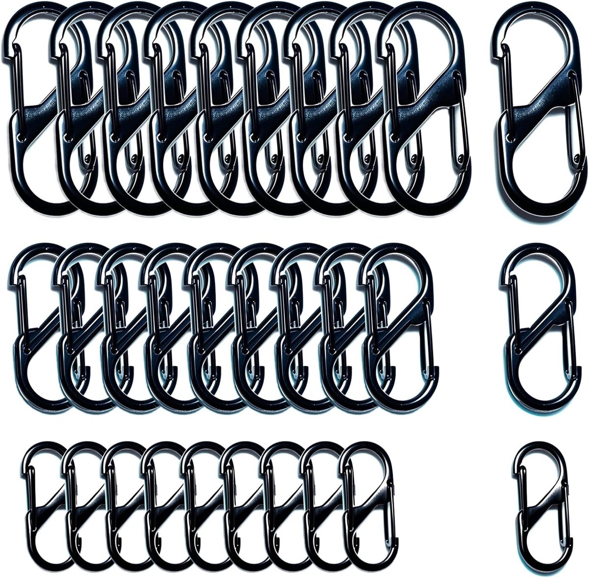 30 stuks kleine S-vormige dubbele karabijnhaak set inclusief 1,25/1,58/4,8 cm, mini sleutelhanger clip voor thuis, wandelen, buiten, vissen, sleutel, rugzak, enz. Zwart