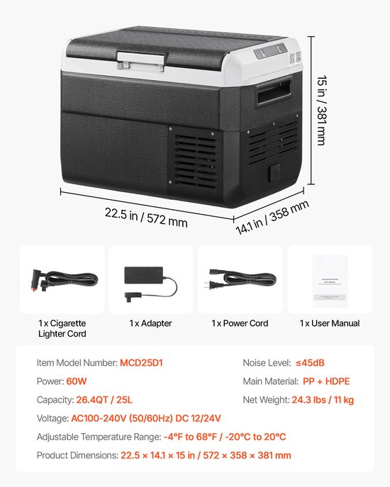 VEVOR Compressor Koelbox 25L, Draagbare Autokoelkast met Instelbare Temperatuur & App Bediening, Koelkast 12/24V DC en 100-240V AC voor Buitenactiviteiten Zoals Kamperen, Reizen en Campers van Vevor — afbeelding 3