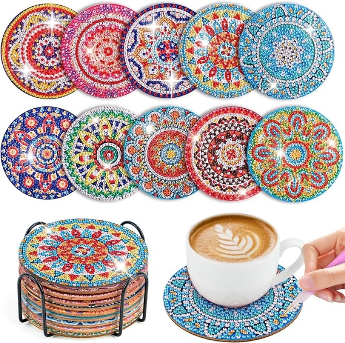 10 Diamond Painting Onderzetters met Houder – DIY 5D Mandala Onderzetters – Antislip – Knutselpakket voor Volwassenen en Kinderen