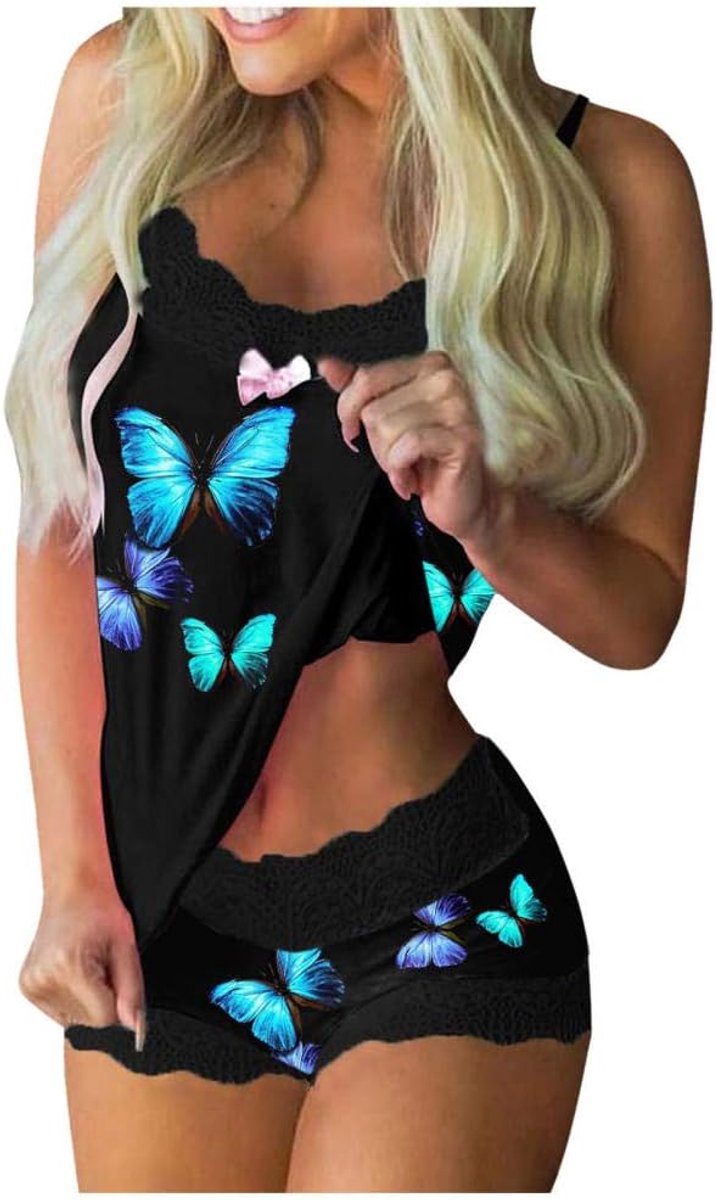 Sexy lingerie dames v-hals doorschijnende kanten kimono lingerie nachthemd ondergoed sexy set negligé jurk met stringDames Pyjama Mouwloos Kant V-hals Slaaptopjes Shorts Lingerie Nachtkleding Set Pyja