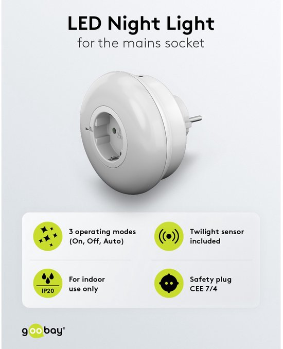 Witte, ronde LED nachtlamp voor in het stopcontact. Kenmerken: 3 standen, schemissensor, IP20, voor binnengebruik en veiligheidsstekker.