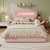 Pugsdrly Kinderstopbed 140 x 200 cm, roze, met 4 laden aan de zijkanten, hoofdeinde met open opbergruimte, opbergvlakken boven en aan de zijkanten, via app bedienbare LED-verlichting