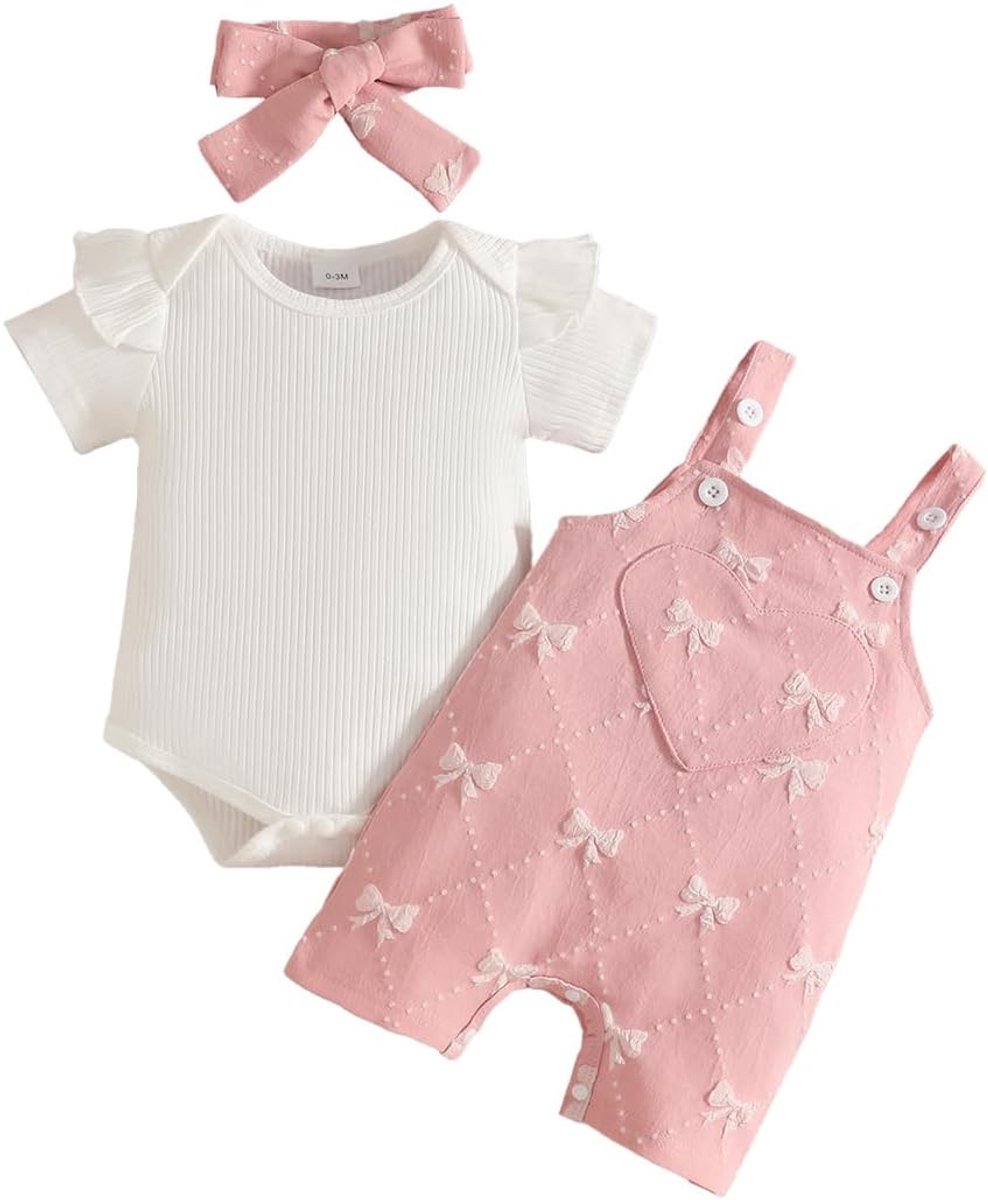 Tuinbroek voor baby's, meisjes, bedrukt bovendeel met ruches mouwen + broek met verstelbare bandjes + hoofdband voor lente en herfst