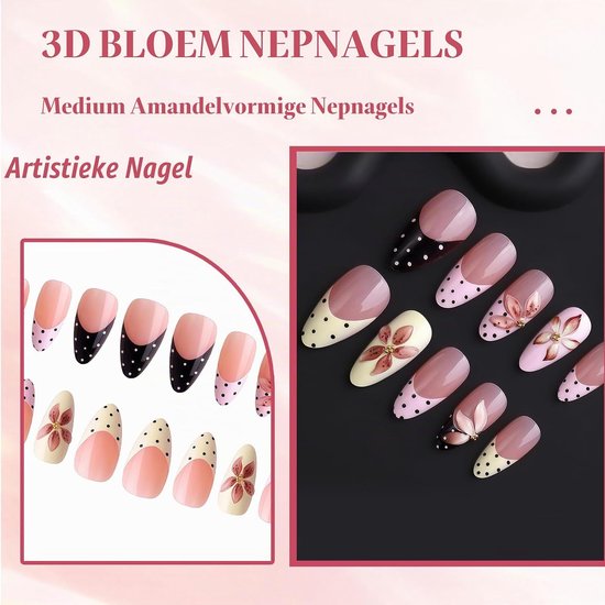 Press On Nails Medium Almond met Dot French Tip en 3D Bloem Design, Nagels om op te plakken als Fake Nails voor Dames — afbeelding 3