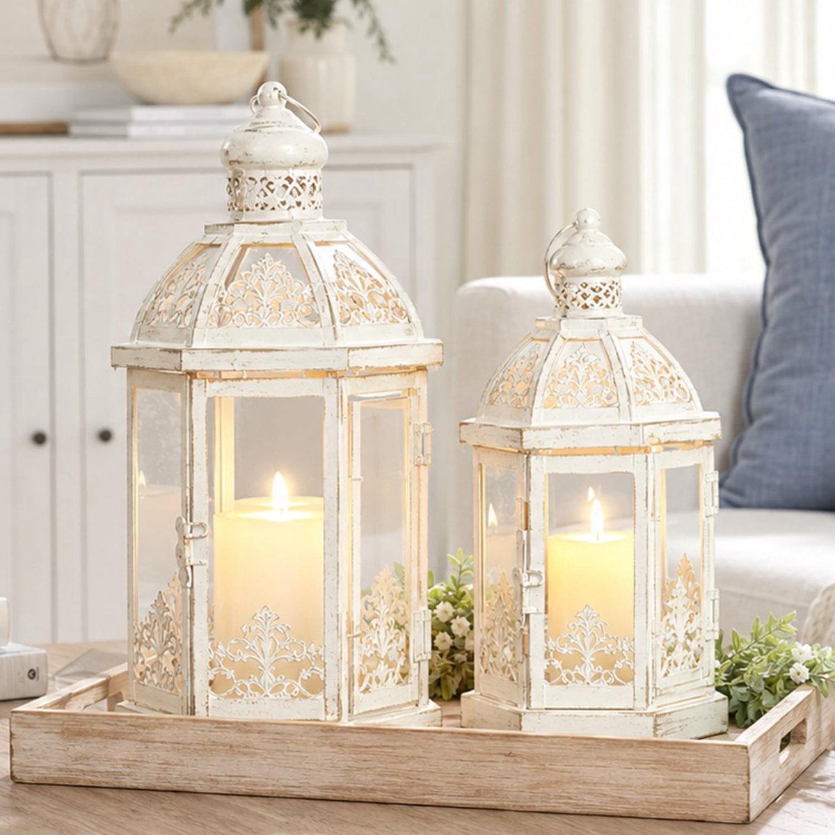 Decoratieve buiten&binnen, set van 2 (14 "& 10") beige metalen lantaarn decor met glas, kaarsenhouder voor veranda, terras, tuin, balkon, bruiloft, Kerstmis, tafel middenstuk
