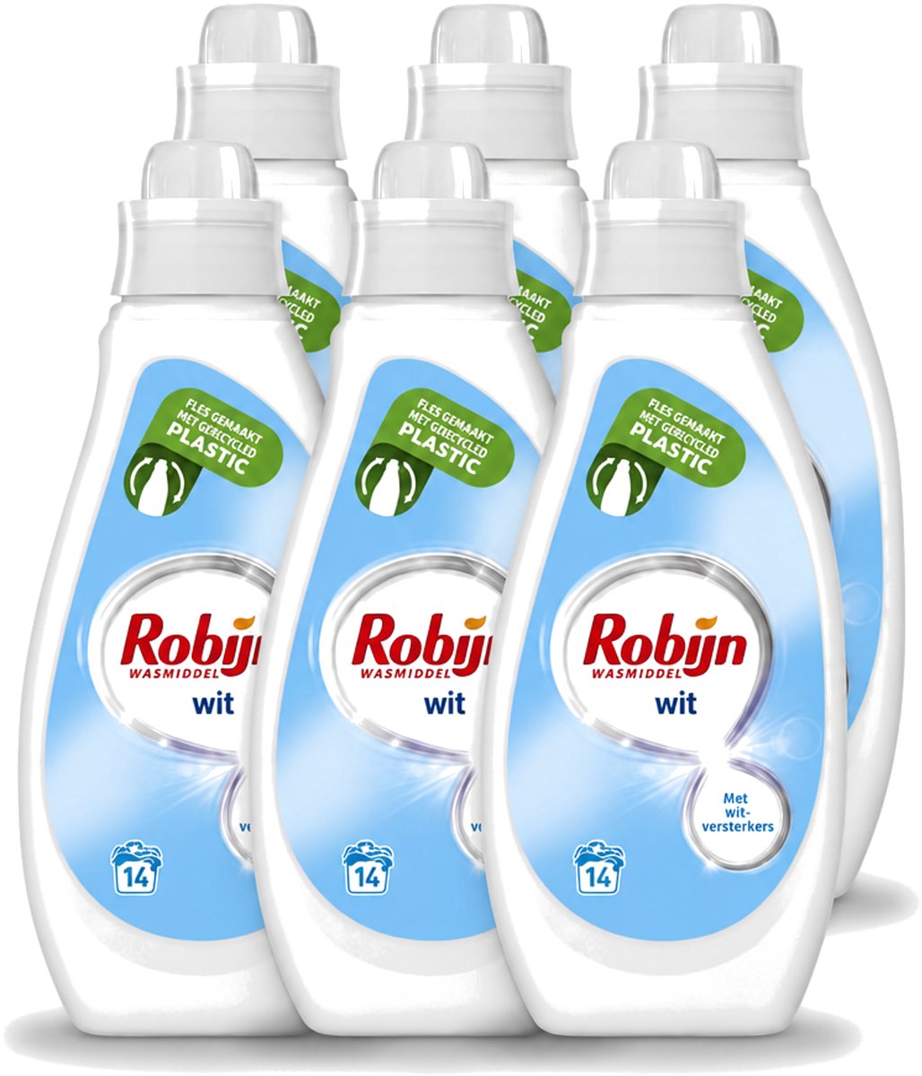 6 x Robijn - Wit - Vloeibaar Wasmiddel - Met Witversterkers - 14 Wasbeurten - 700 ml - Voordeelverpakking - 6 stuks