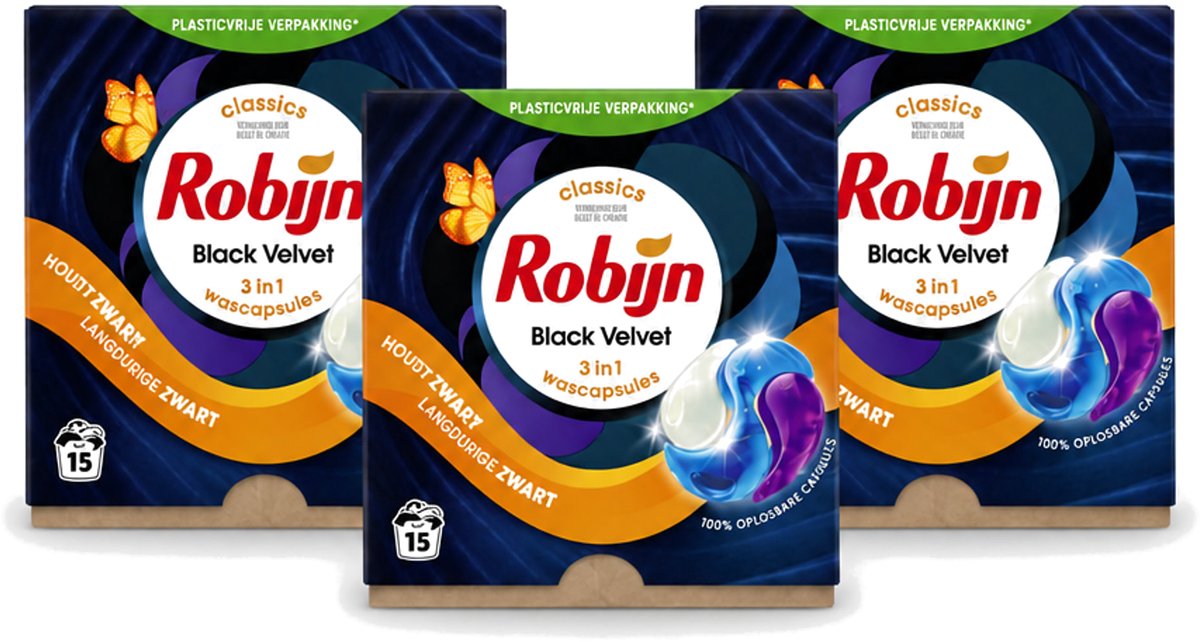 3 x Robijn – 3-in-1 Wascapsules – Black Velvet – 15 capsules - Voordeelverpakking - 3 stuks