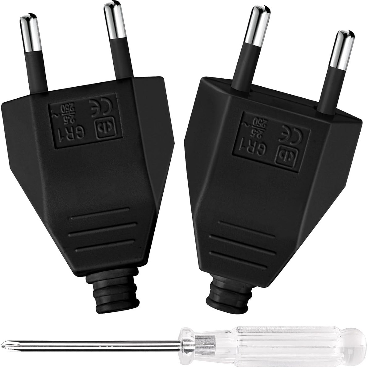SnelShoppen - 2 Stuks Euro Stekkers Type F, IP44, Platte Veiligheidscontact Stekker, 250V 2.5A, Voor 8-10mm Kabel, Duurzaam en Breukbestendig, Zwart -