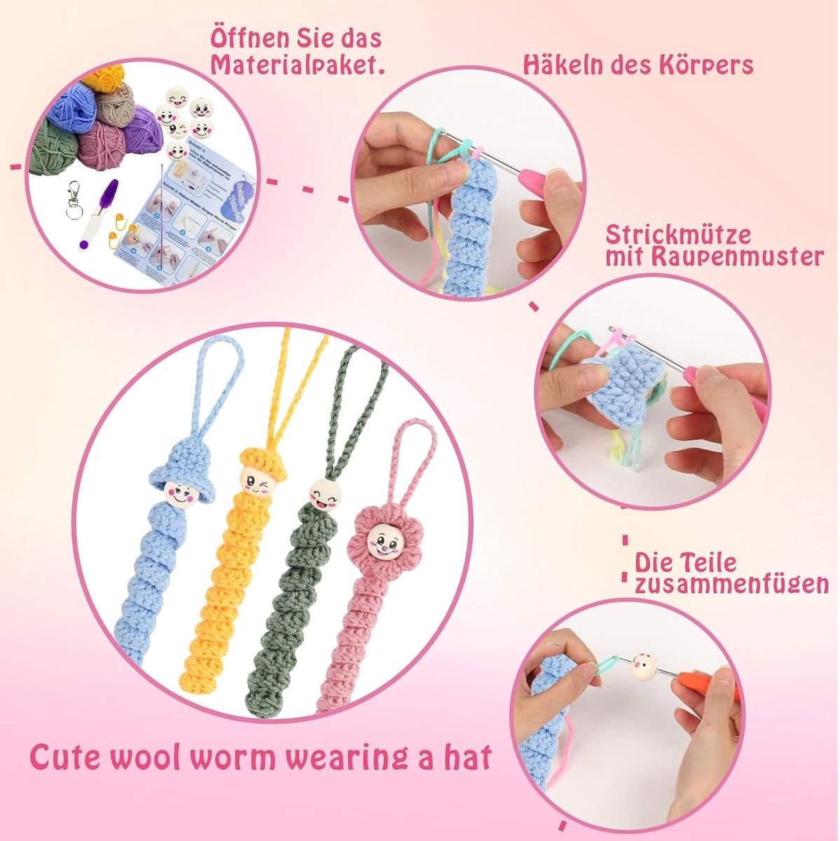 Mellystore Haaknaalden voor beginners, set met 6 x 25 g garen, 40 houten kralen met gezicht, haaknaalden, haakset voor kinderen en volwassenen