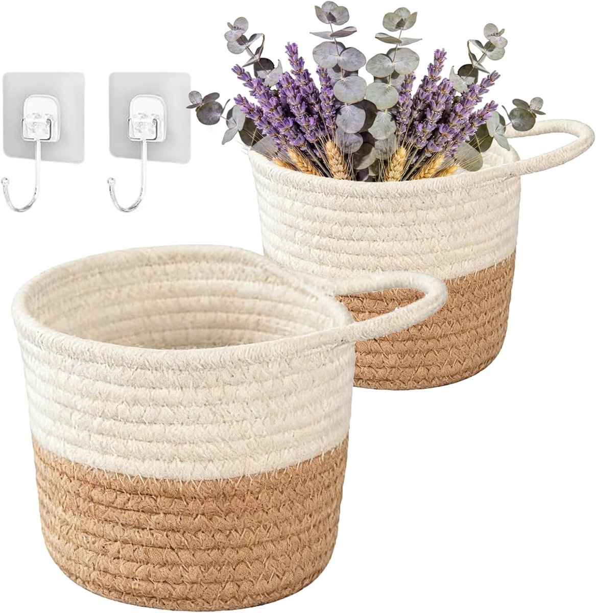 2 stuks wandmanden, katoenen touwvlechtwerk met haken, 15 x 15 cm, opbergmanden, hangmanden, mand om op te hangen, mand voor keuken, badkamer, slaapkamer, woonkamer (wit + bruin)