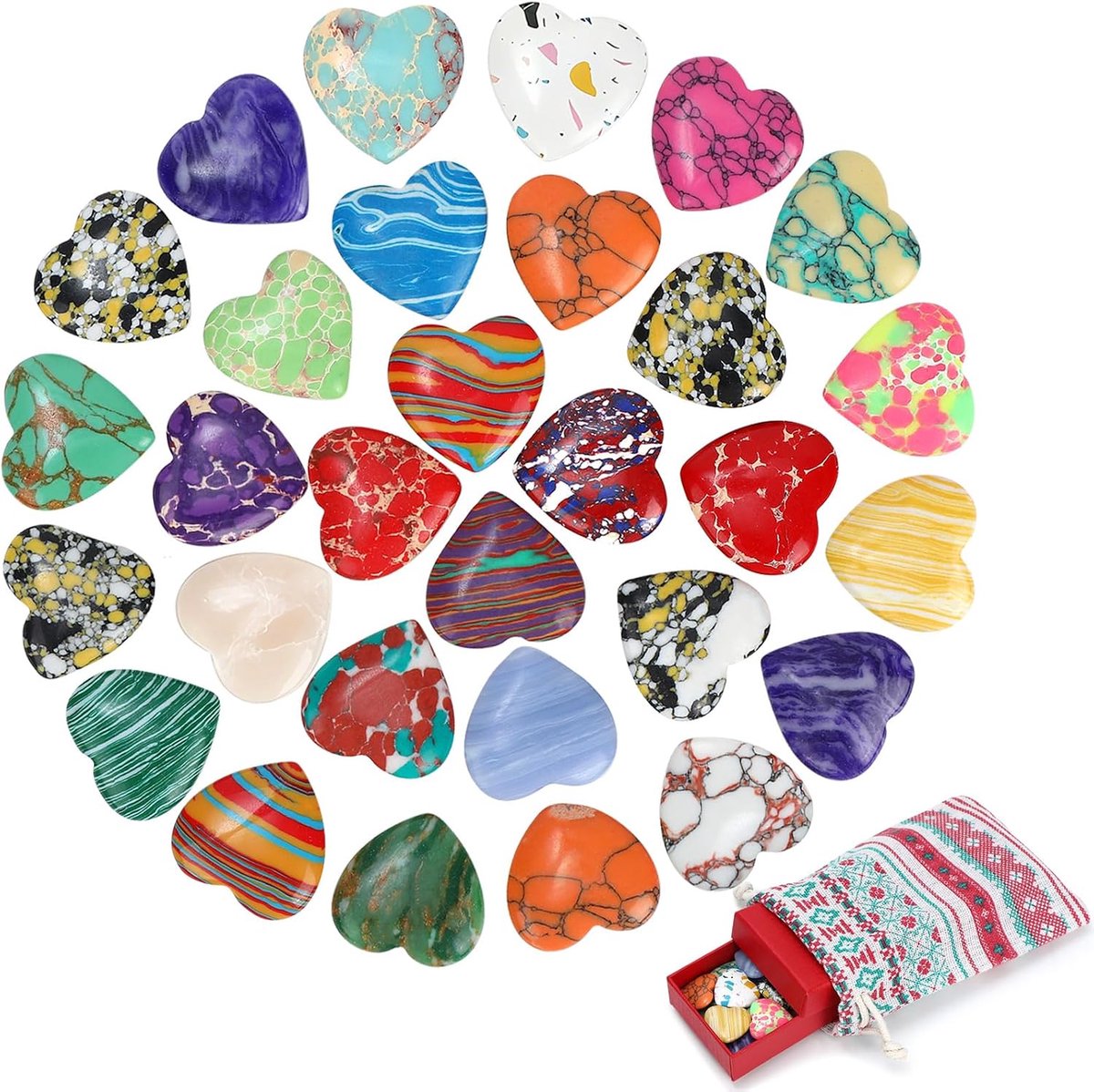 30 stuks kristallen helende stenen, edelstenen voor kinderen, groot, kleurrijke geluksstenen met geschenkverpakking, hart-edelstenen voor kinderen, voor geluksbrengers, cadeau voor de eerste schooldag