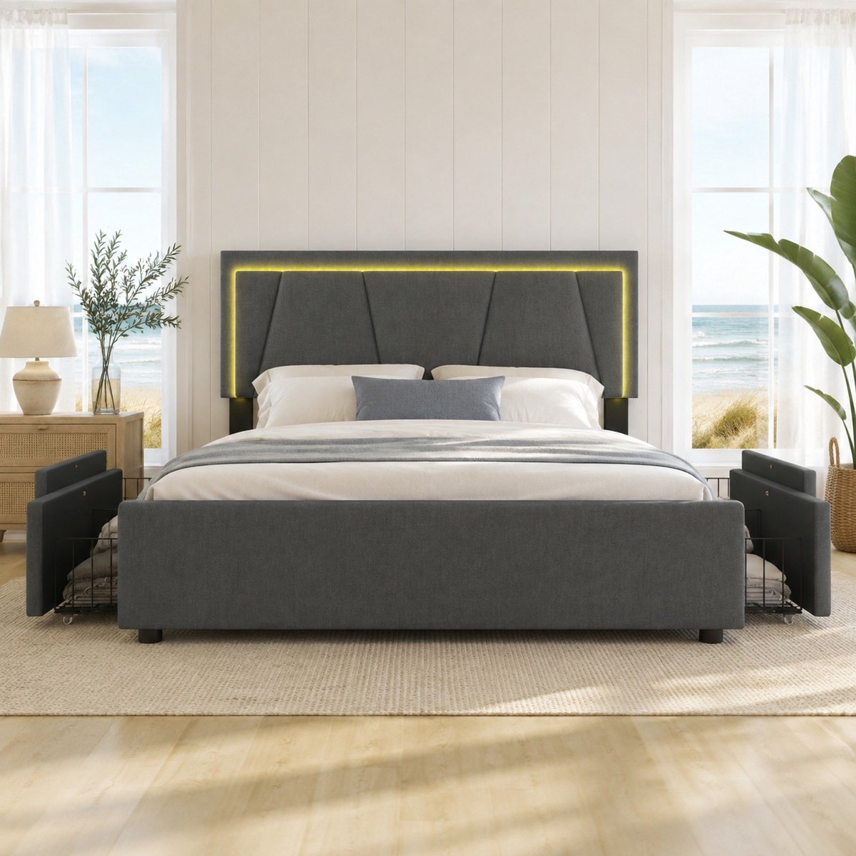 WUVRIE Tweepersoonsbedframe 140x200 cm met LED, verstelbaar hoofdbord en 4 lades, grijs