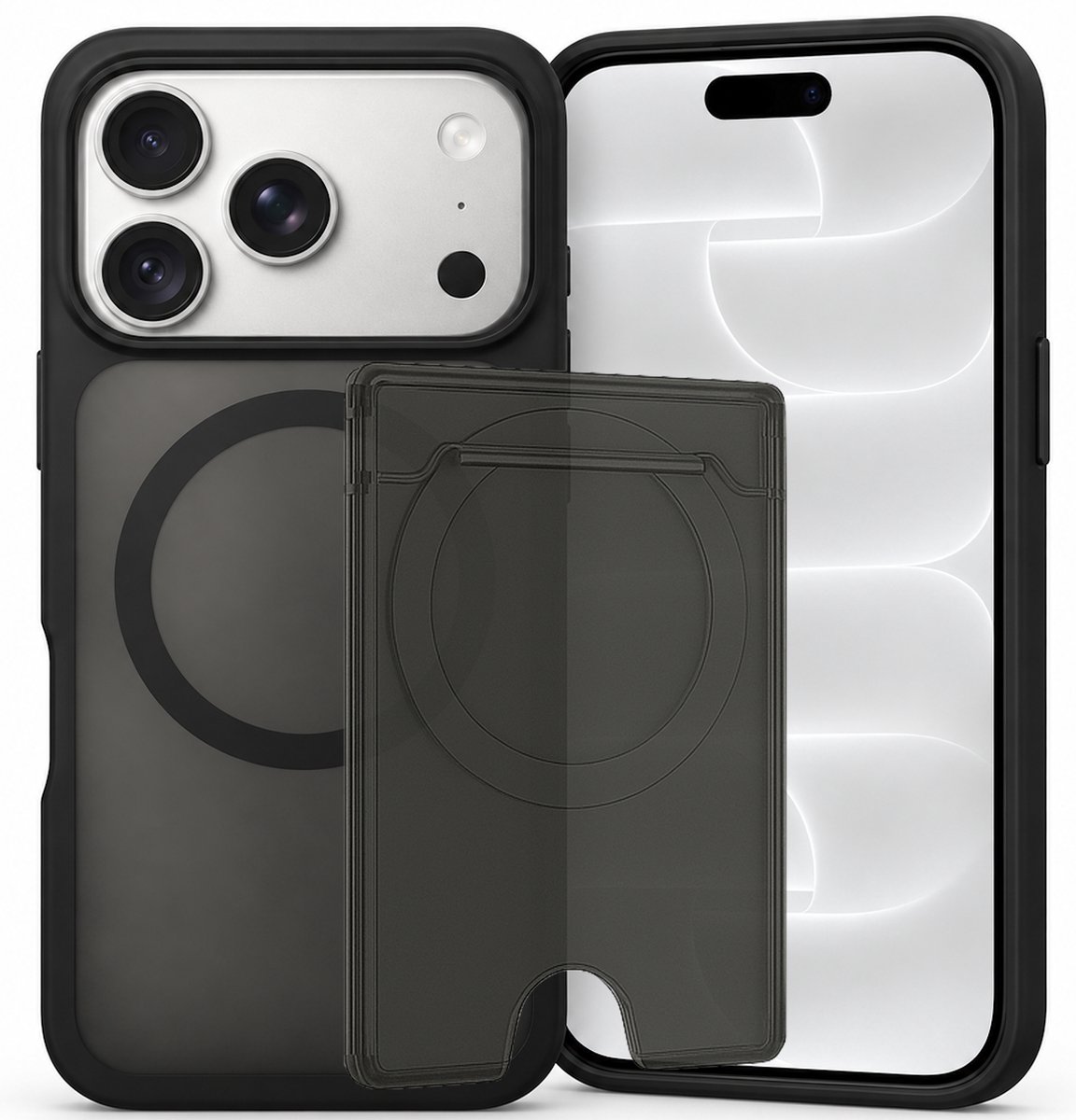 SnapSkin Hoesje & Pasjeshouder geschikt voor iPhone 18 Pro / 17 Pro - Geschikt voor MagSafe Case - Magnetische Kaarthouder - Semi-Transparant Zwart