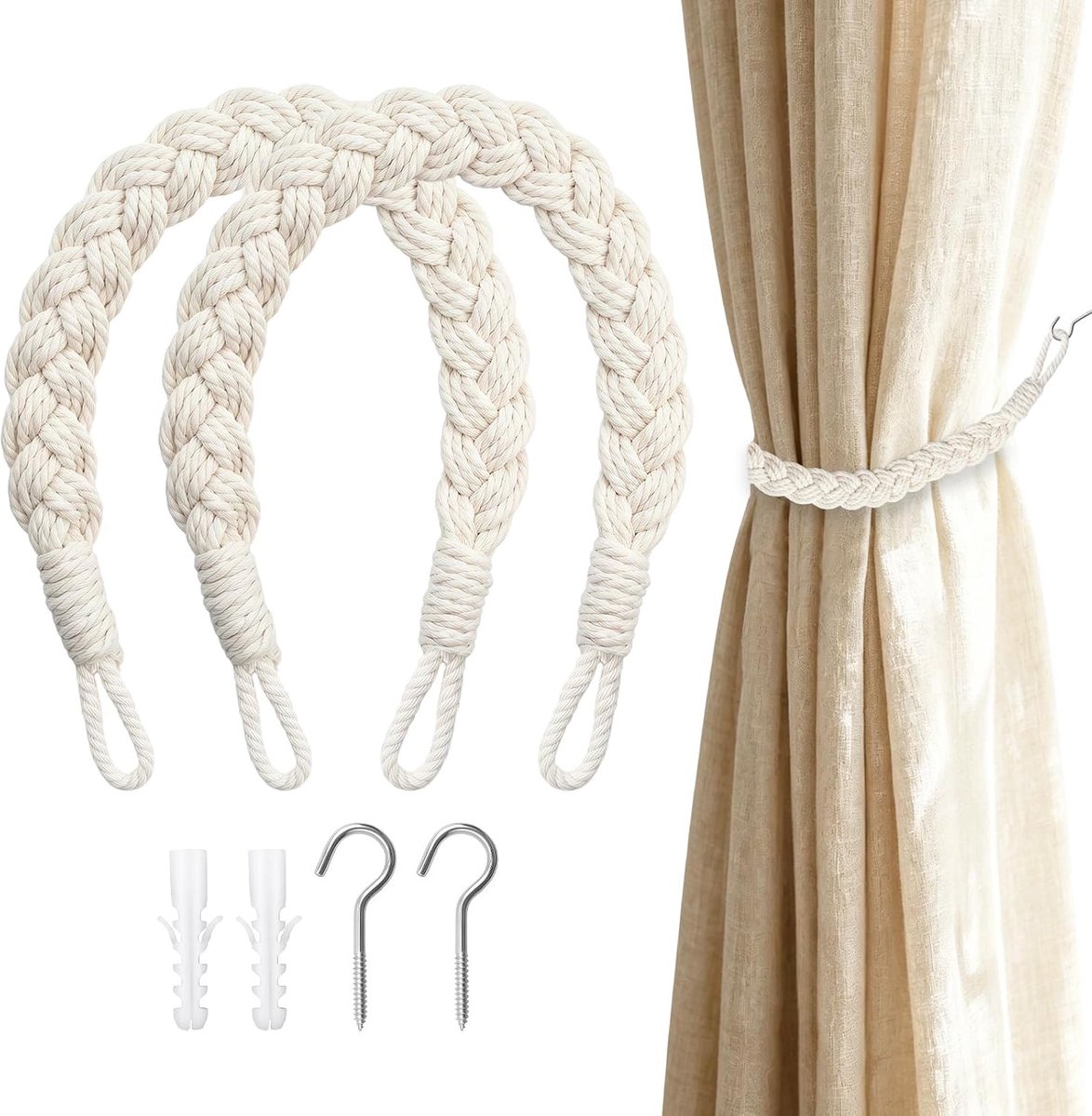 2 stuks, handgebreid katoenen touw, gordijnhouder met 2 haken, boho-gordijnhouder, decoratieve gordijnhouders voor gordijnen, woonkamer, slaapkamer, kantoor, beige
