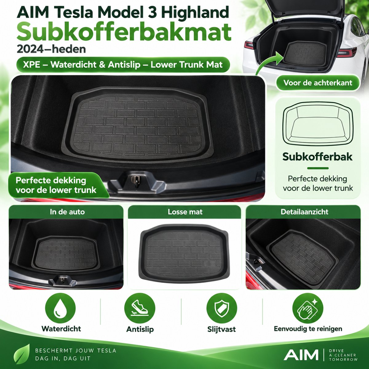 AIM Tesla Model 3 Highland Subkofferbakmat (2024–heden) XPE – Waterdicht & Antislip – Lower Trunk Mat