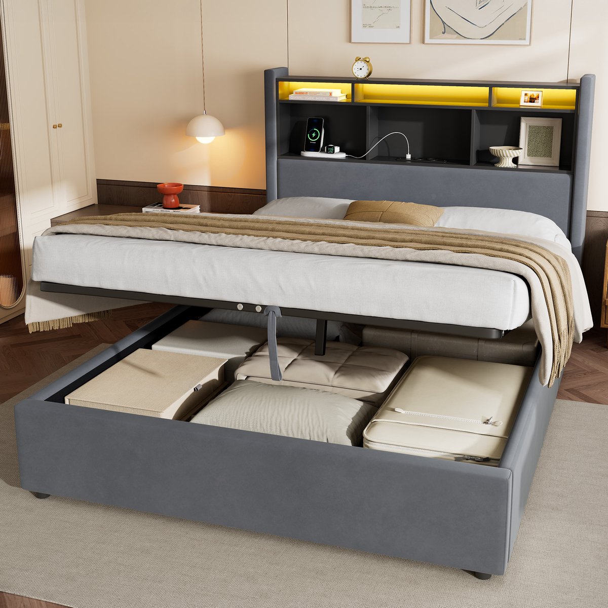 Wishdor Tweepersoonsbed 140x200 cm - Met hydraulische opbergruimte onder lattenbodem - Hoofdbord met opbergvakken, LED en oplaadpunt - Fluweel - Donkergrijs - L 219 x B 140 x H 111,5 cm