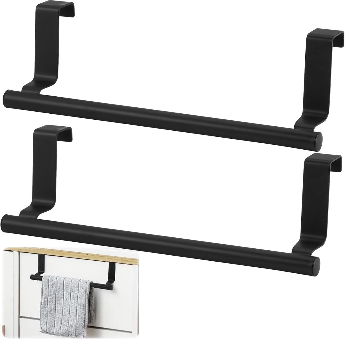 SnelShoppen - 2Pcs Deur Handdoekhouder Keuken 24cm×7cm Voor Wand, Geen Boren, Zwart, RVS Handdoekrek Met Antislip Krastbescherming Voor Woonkamer, Kan