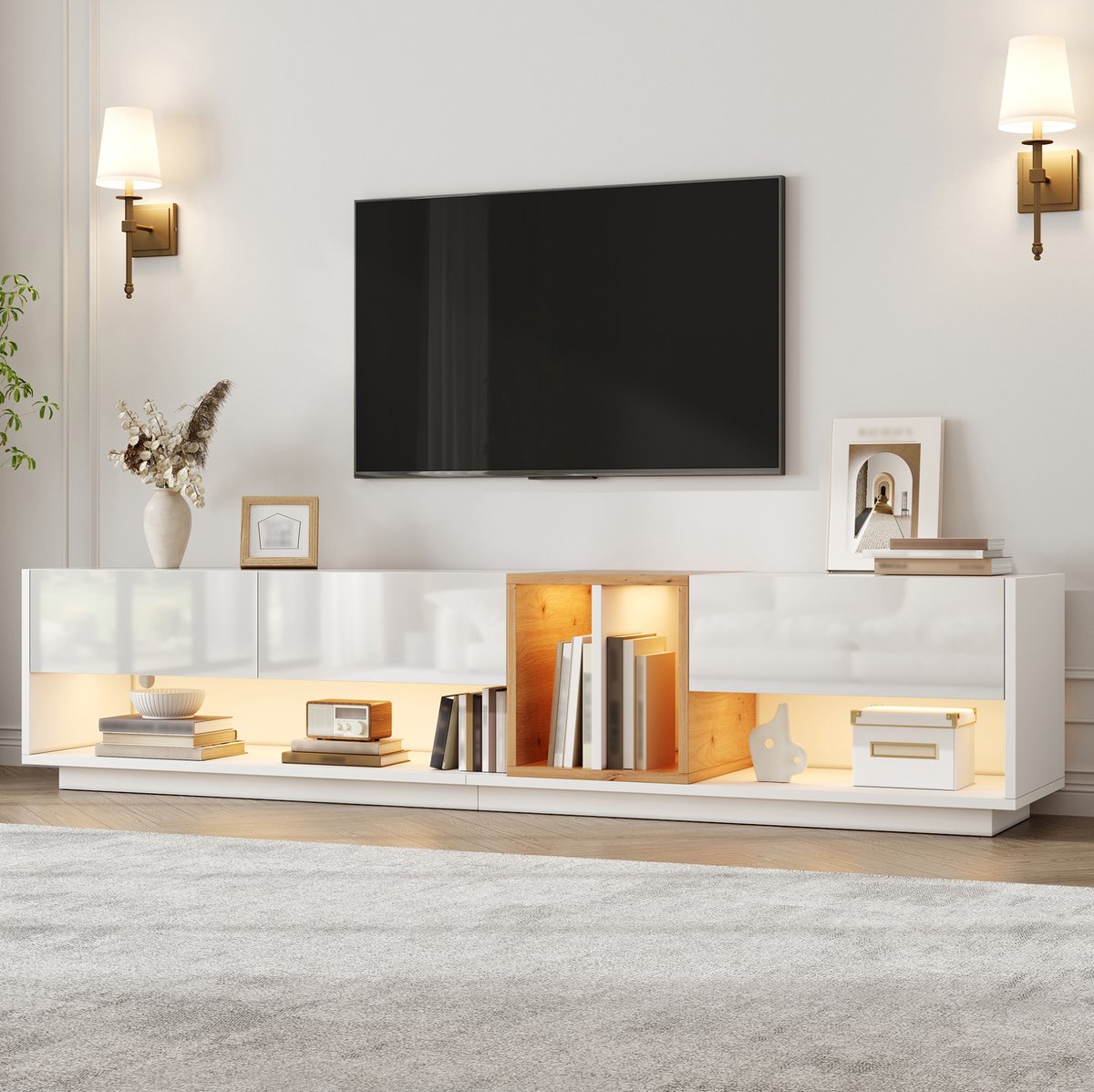 MODFU TV-Meubel - Hoogglansfront Met LED-Verlichting - App-Bediening - Spaanplaat - Wit - 190 Cm