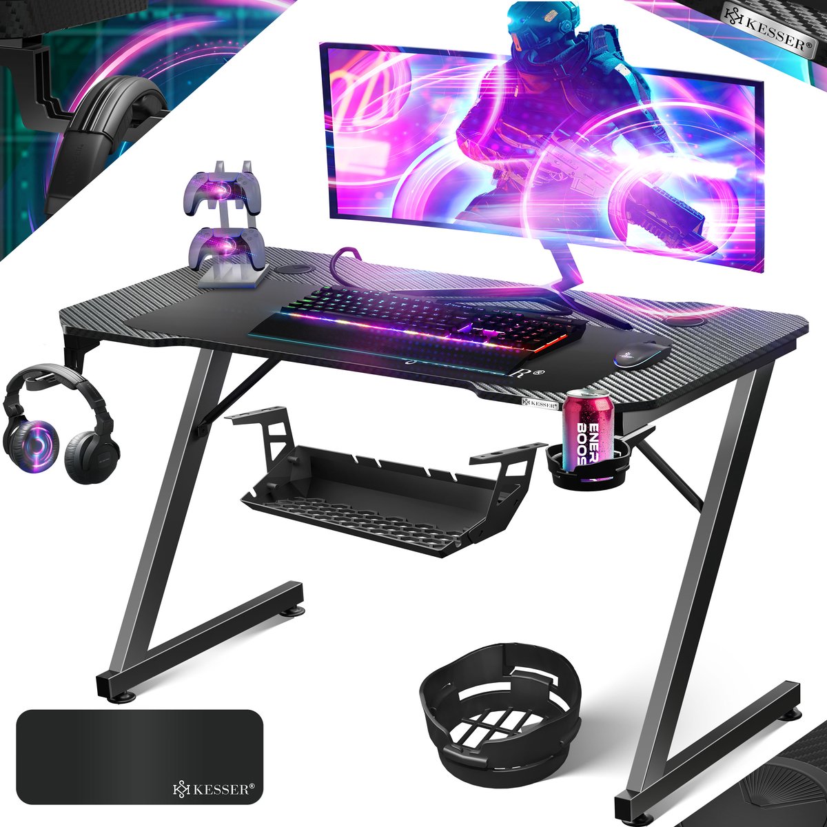 KESSER® Gamingtafel - Z-vorm bureau met koptelefoonhaak en bekerhouder - carbon look - zwart 100 x 60 cm