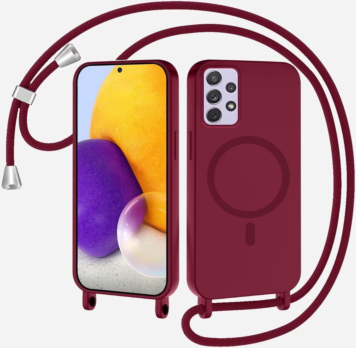 Xinyunew Magnetisch telefoonhoesje met koord voor Samsung Galaxy A52 5G, compatibel met MagSafe, draadloos opladen, siliconen koord, telefoonhoes met afneembaar koord om om te hangen, rood