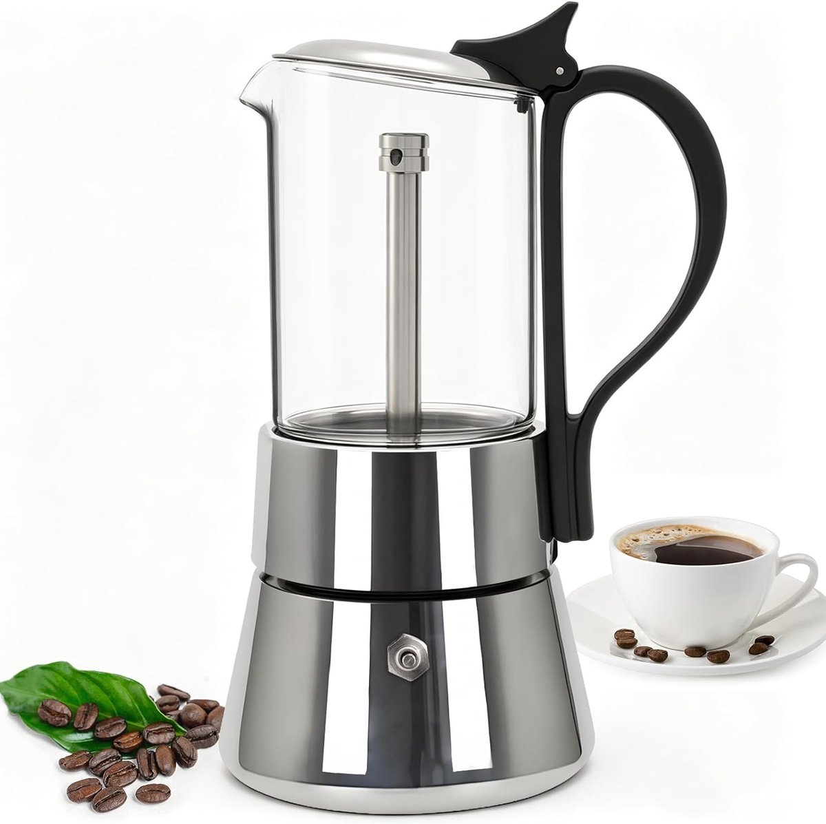 Transparent Stovetop Espresso Maker 304 Stainless Steel Moka Pot Espresso Machine Percolator Coffee Maker Capable Mocha Coffee Machine Cafe Percolator Maker for Home & Camping 4 Cup 220ml