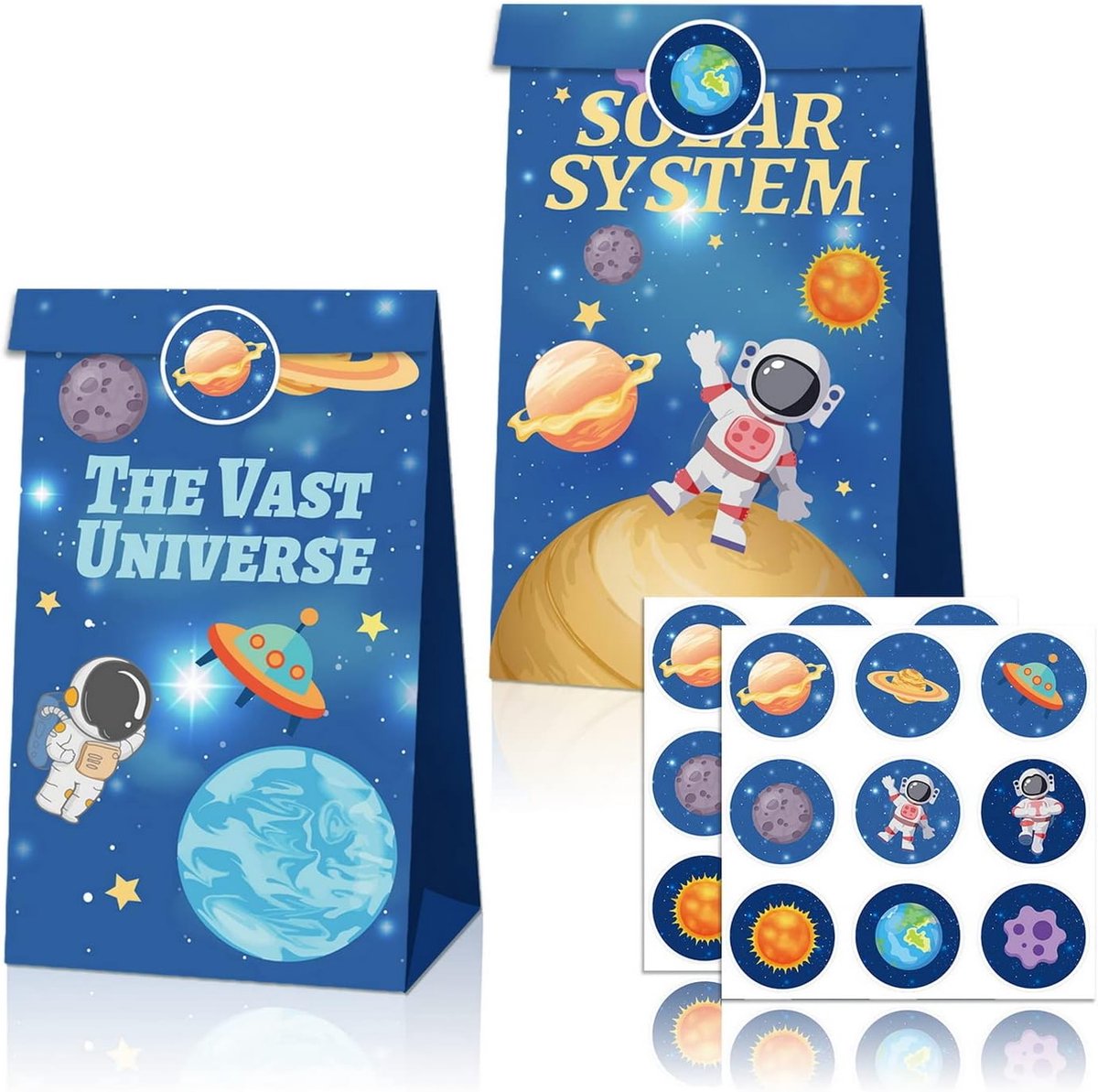 12 stuks Outer Space Party papieren zakken, Planet thema Party Candy Bags, Rocket Party Favor Bags, Galaxy feest traktatiezakjes, Astronaut feest goodie traktatiezakjes met stickers