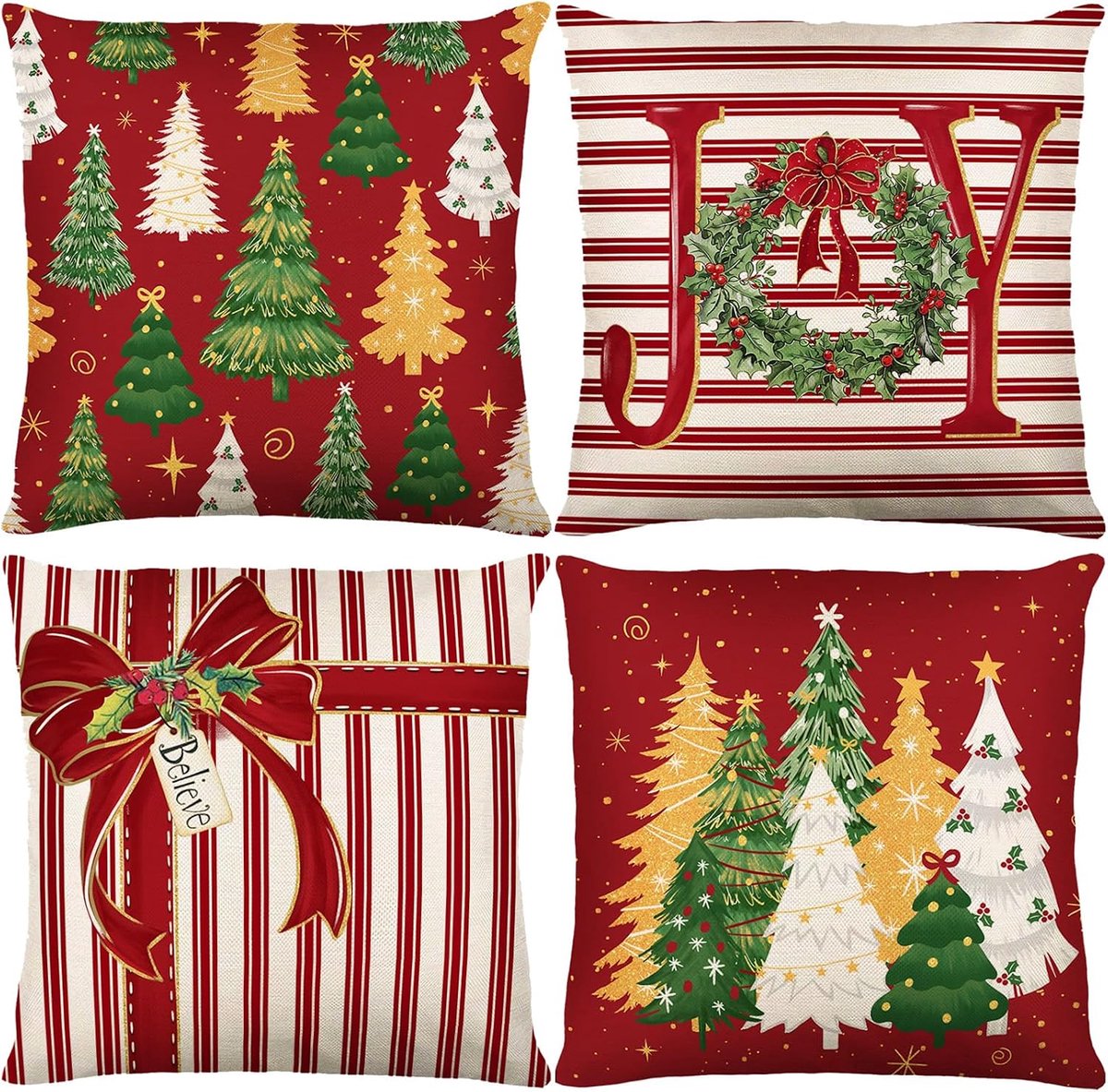 Kerst Kussenslopen Set van 4 - Rode Decoratieve Sierkussenshoezen 45x45 cm Linnen