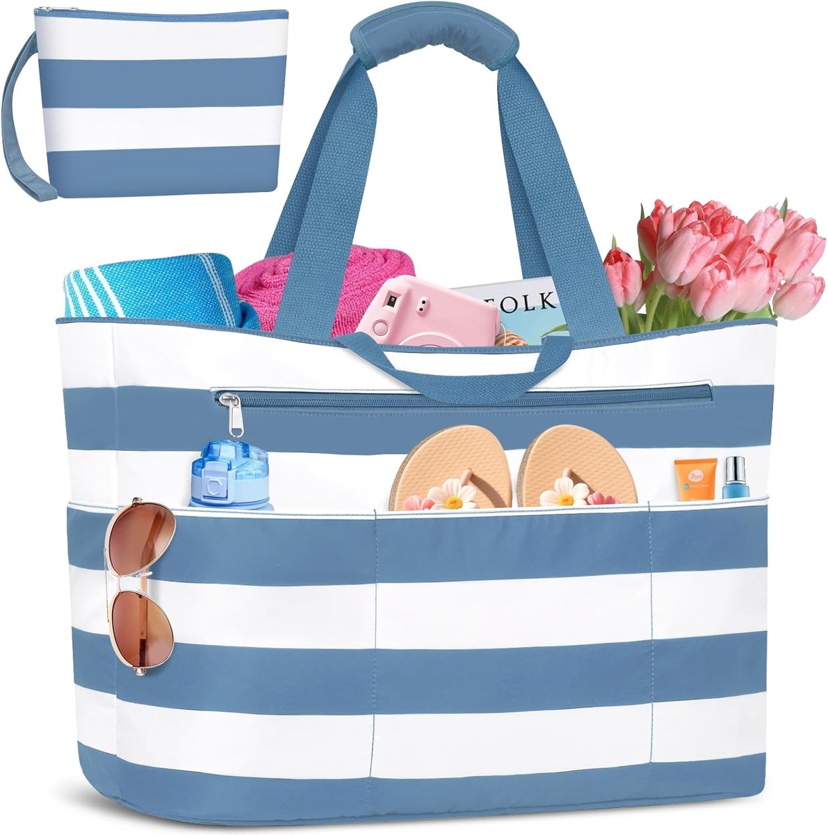 Strandtas, XXL, familie, 50 l, waterdicht, reistas voor dames, met ritssluiting, opvouwbaar, strandtas, met 14 zakken, strand, tote bag, handtassen voor sportschool, winkelen