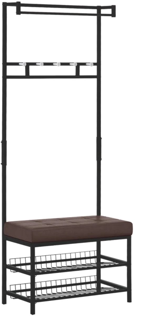 ZYLARO Kapstok - Kledingrek Met 5 Haken En Schoenenbank Met 2 Niveaus - Metalen Kapstok Voor Hal En Slaapkamer - 72,5 x 35 x 180 cm Zwart (frame), Bruin (zitplaats)