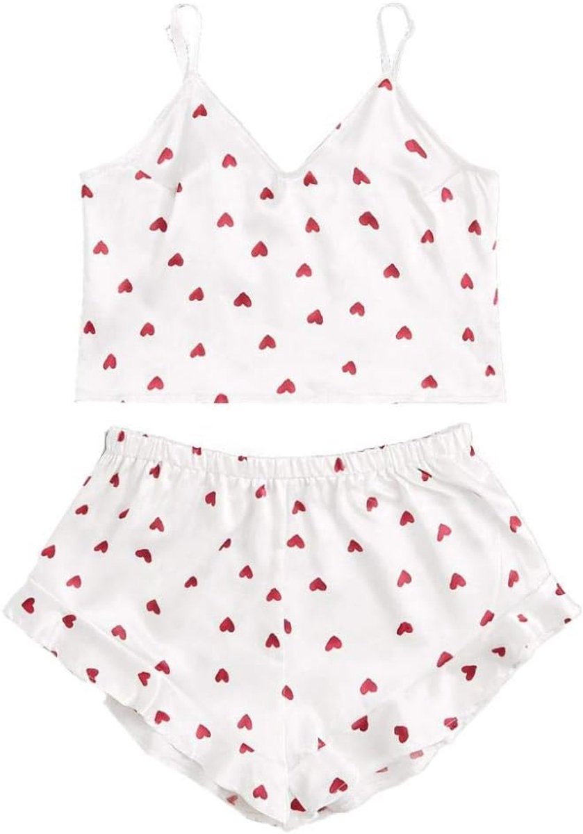 Klassiek Bh set Jarretellegordel en Kous LingerieDames Hartjesprint Satijnen Hemdje Pyjama Verstoorde Volants Shorts Lingerie Set sexy-White_M