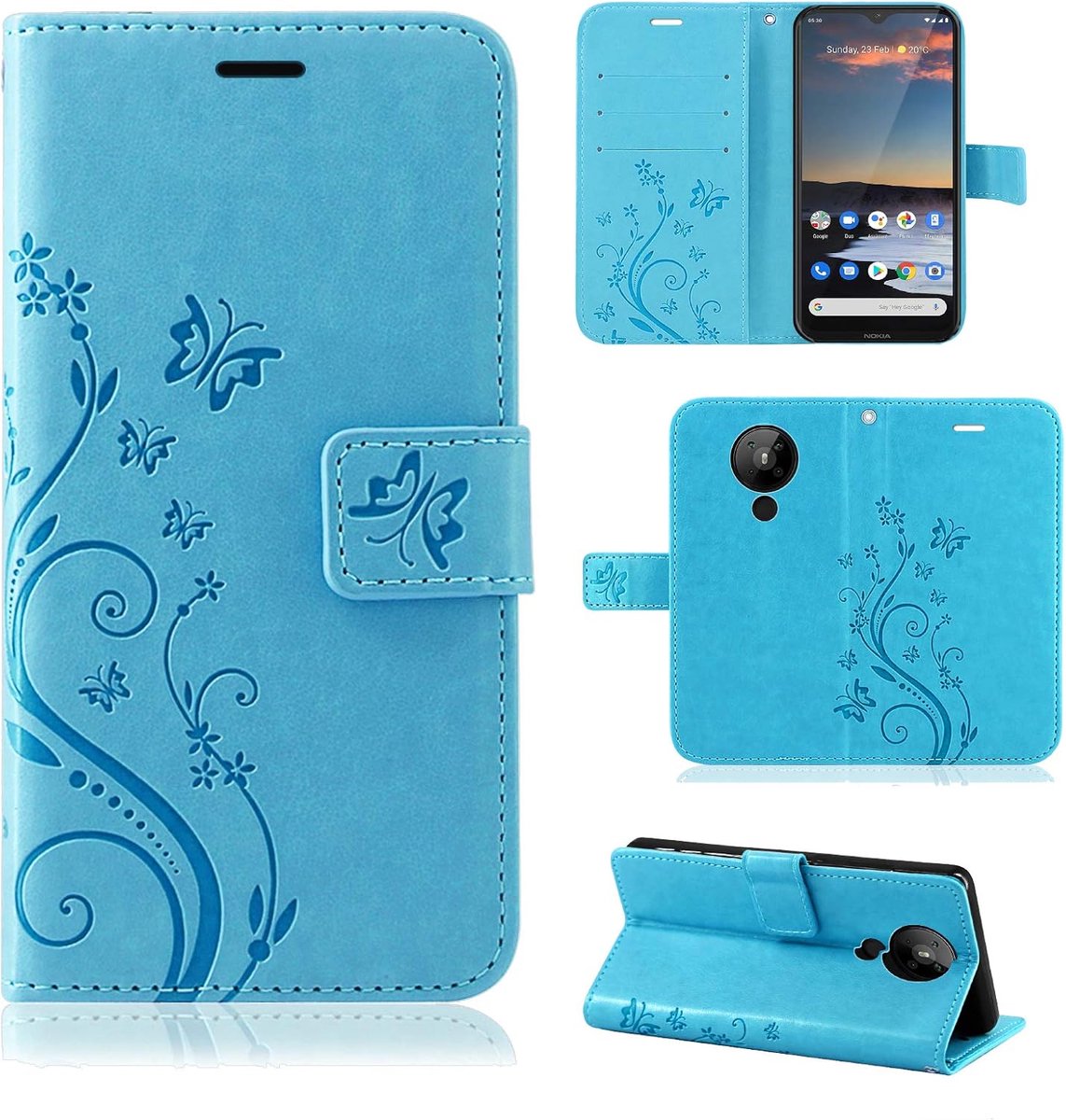 Betterfon | Nokia 5.3 Hoes Mobiele Telefoon Tas Mobiele Telefoon Hoes Etui Wallet Case Beschermhoes met magnetische sluiting/Kaartsleuven voor Nokia 5.3 Bloem Blauw