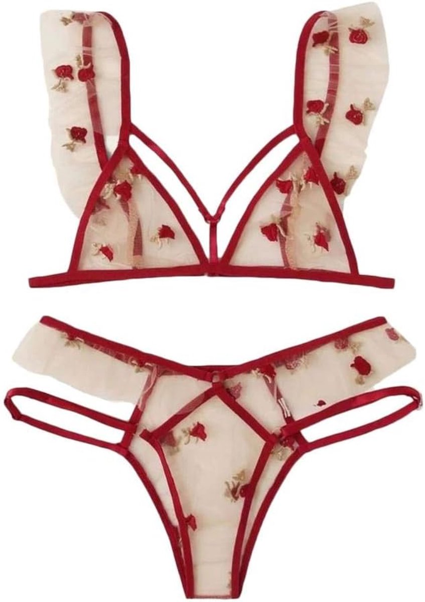 Sexy dames erotische lingerie Vrouwen Sexy Lingerie Set Borduurwerk Garen Ondergoed Draadloze Beha V-hals Lage Taille String Lingerie Suit-As_shown_L