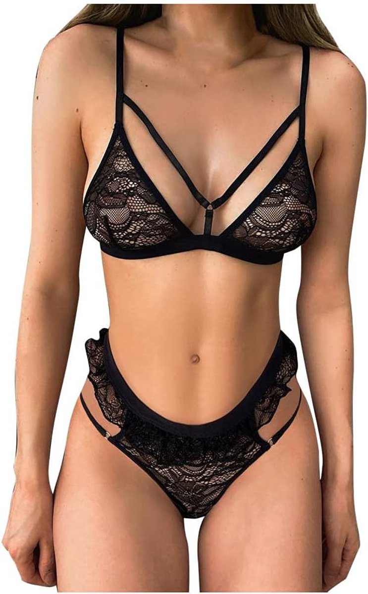 Sets met nachtmode & ochtendjas Dames Lingerie Transparante kanten beha String Sexy uitgeholde nachtkleding Set-Black_M