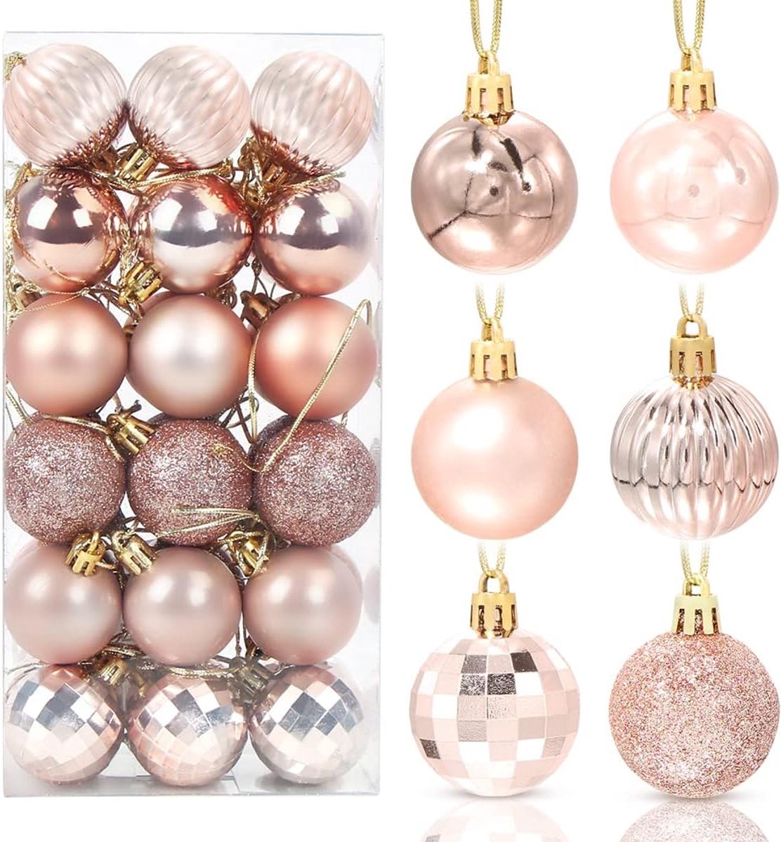 Kerstballen, roségoud, 36 stuks, kunststof kerstballen, 4 cm, kerstballen, boomversiering, kerstboomballen, set voor feestjes, kerstversiering