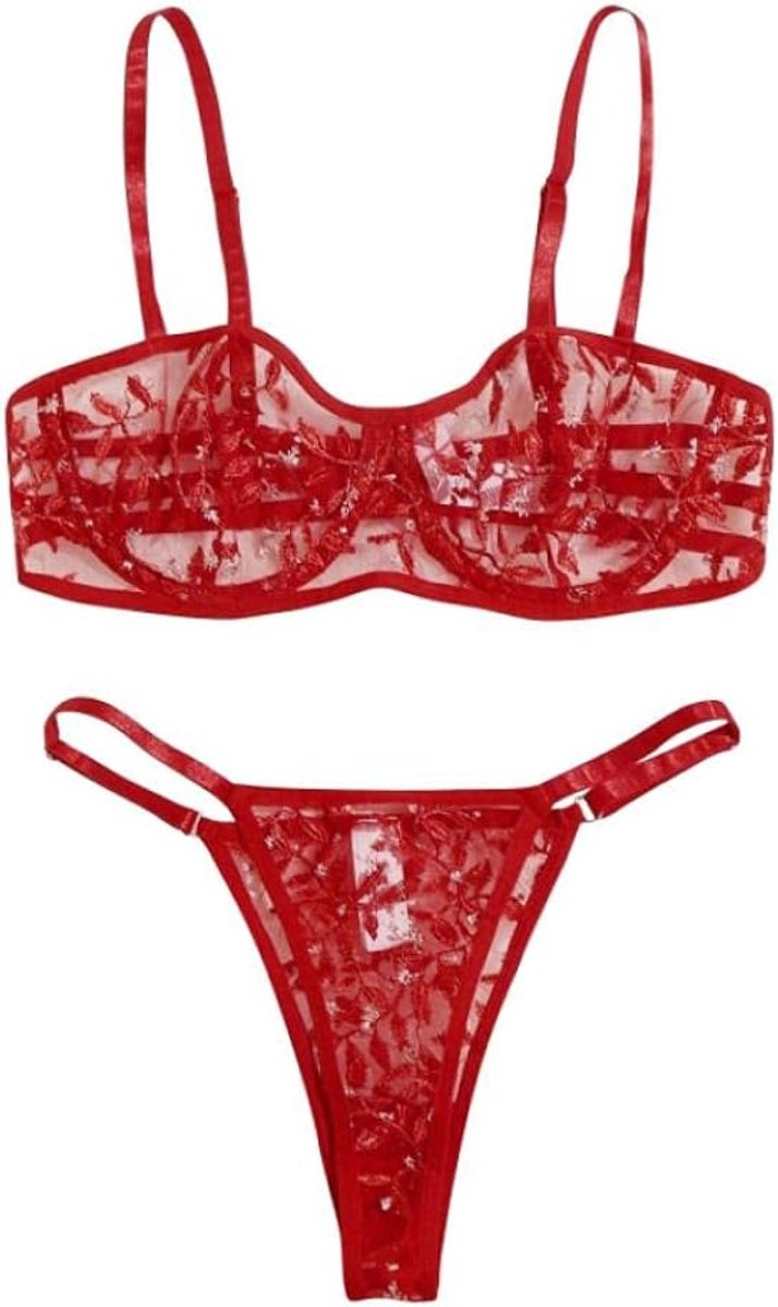 Babydolls, nachtjaponnen & negligés dames Dames sexy ondergoed pure kanten string met borduurkleding Set-Rojo_S