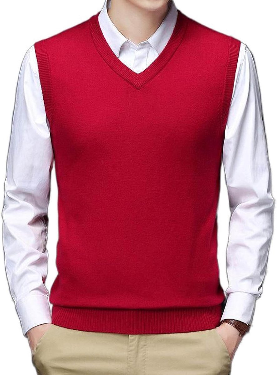 Heren Kasjmier Vest, Klassiek Effen Kleur Mouwloos Trui Vest Pullover Vest Casual All-Match Gebreid Vest, Klassiek Zakelijk Heren Gebreide Vest Trui Tanktops,Rood,S