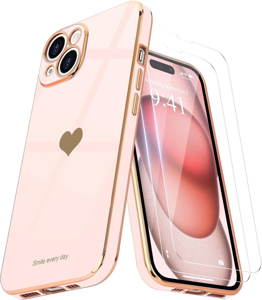 Beschermhoes voor iPhone 15 Plus met 2 displaybeschermfolies, TPU verzinkt met liefdeshart motief, schokbestendig, voor meisjes en vrouwen, beschermhoes voor iPhone 15 Plus, lichtroze