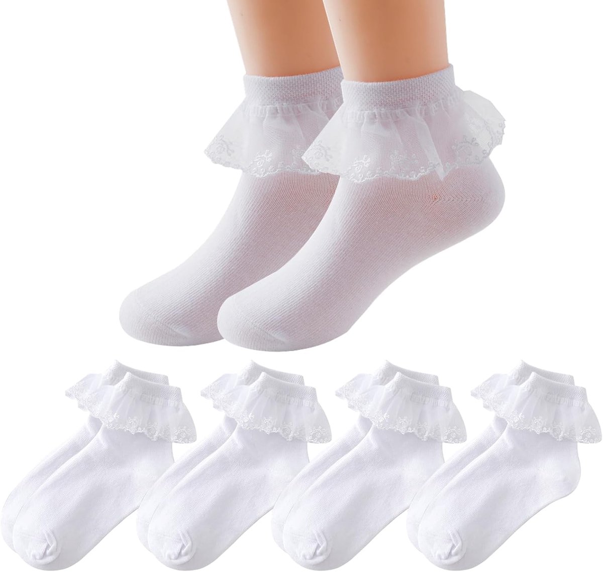 Sokken met ruches, 4 paar, kanten sokken voor meisjes, ronde hals, elastische katoenen sokken, witte prinsessensokken, comfortabele modieuze katoenen sokken, voor pasgeborenen, peuters,