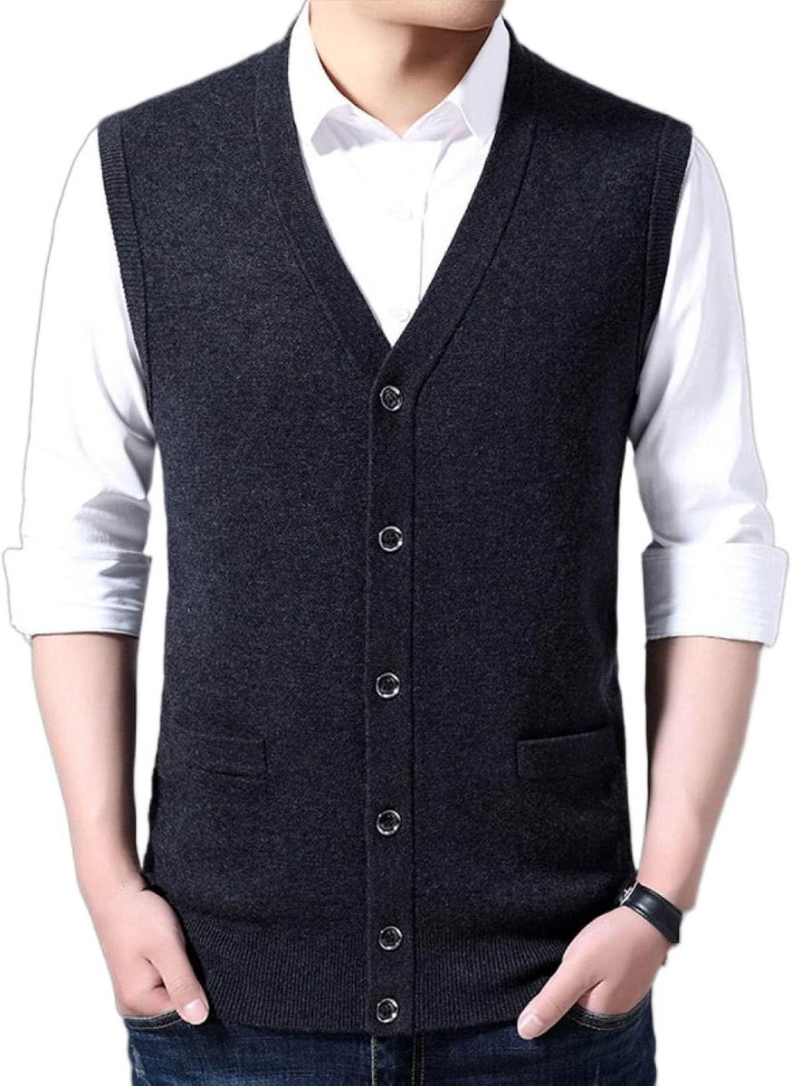 Vest Voor Heren Met V-Hals, Jeugdmode Gebreid Vest Voor Heren Bovenkleding Casual Trendy Trui, Klassieke Zakelijke Heren Gebreid Vest Vest Trui Vest Tanktops,Donkergrijs,S
