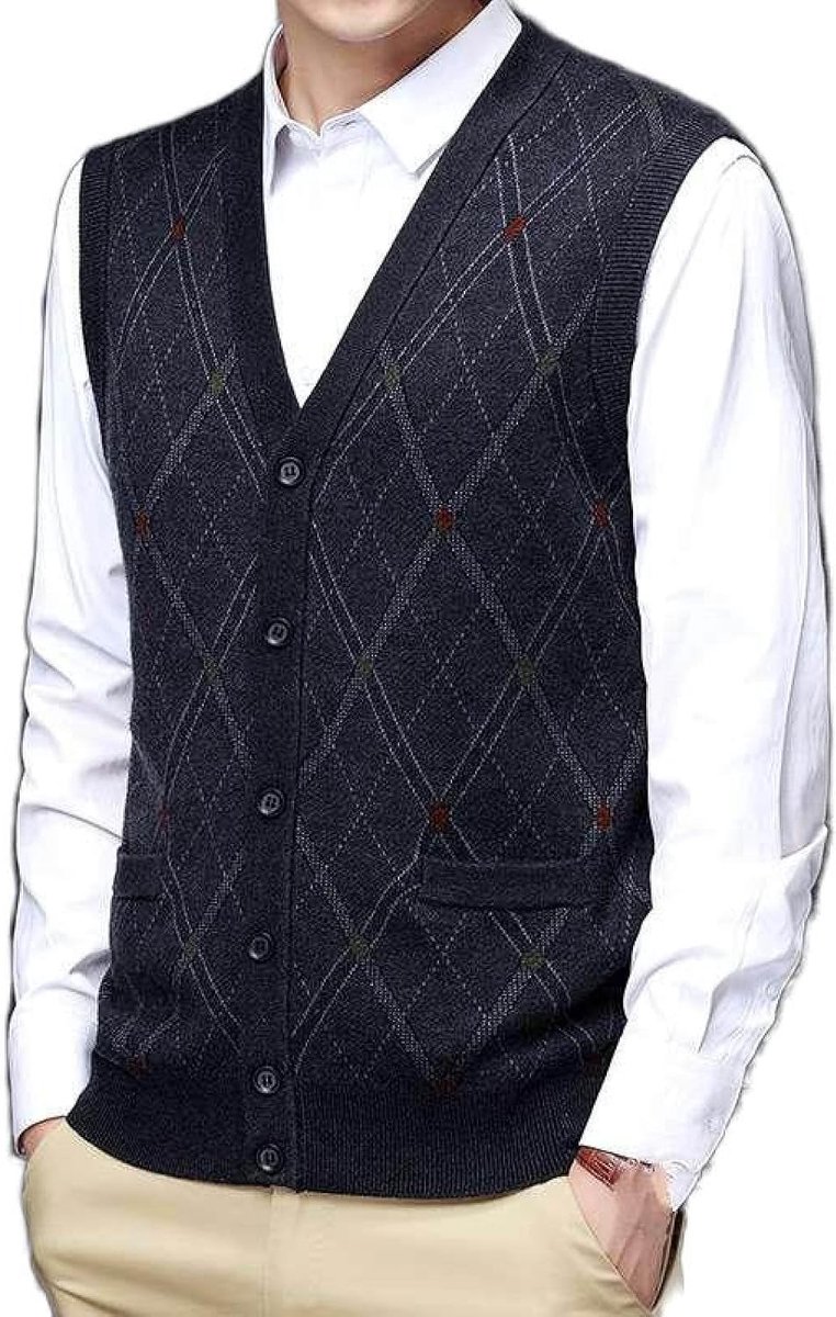 Wollen Garen Gebreid Vest Vest, Herfst En Winter Klassiek Argyle V-Hals Vest Trend Casual Heren Kasjmier Gemengd Vest, Gentleman Knitwear Sweater Vest Tank Tops,Donkergrijs,S